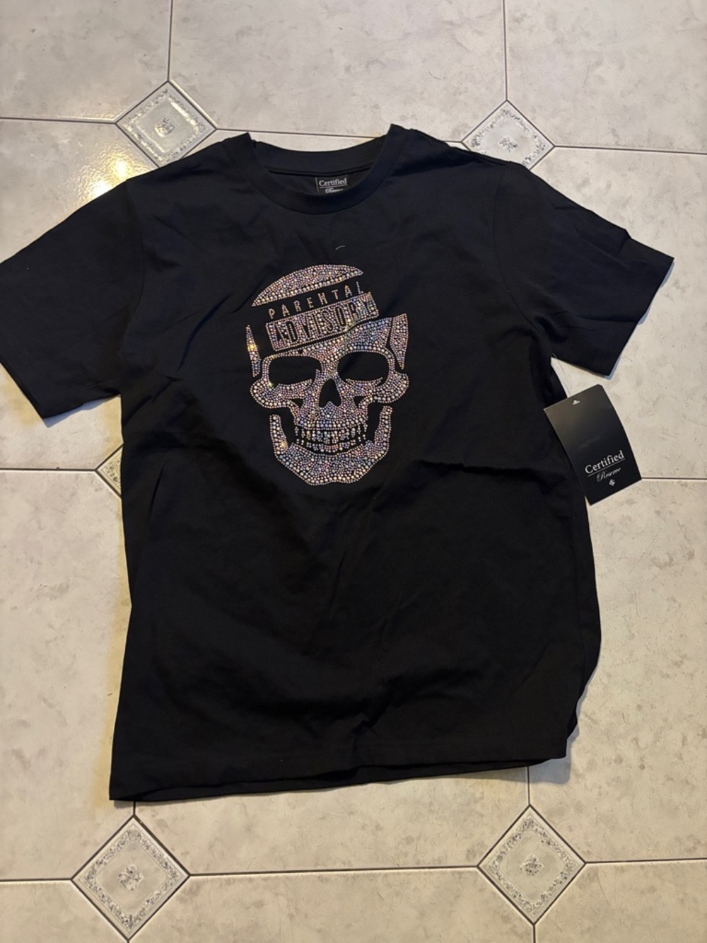 Certified International Black Short-Sleeve Tee with Rhinestone Skull